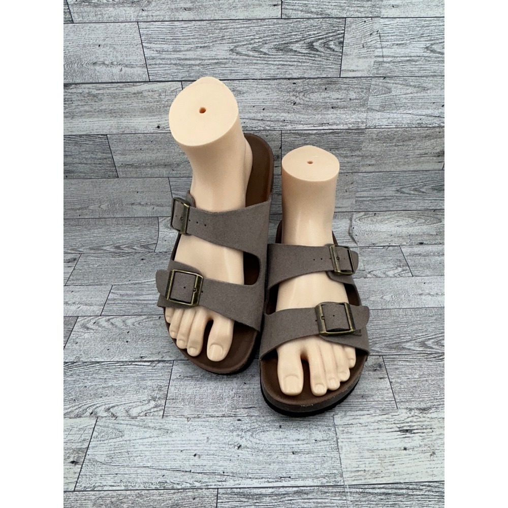 Skechers Luxe Foam Taupe Double Strap Slide Sandals Women 7 56090 Comfort Buckle